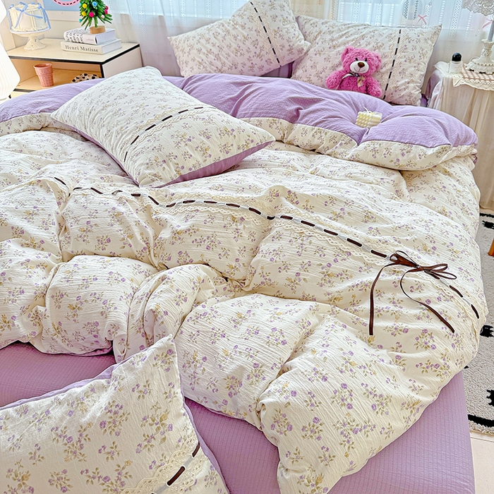 91家纺网 家纺一手货源 找家纺 典曼家纺 2025新款古法花边蝴蝶结四件套 紫郁