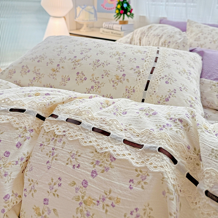 91家纺网 家纺一手货源 找家纺 典曼家纺 2025新款古法花边蝴蝶结四件套 紫郁