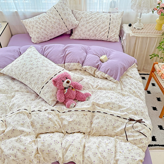 91家纺网 家纺一手货源 找家纺 典曼家纺 2025新款古法花边蝴蝶结四件套 紫郁