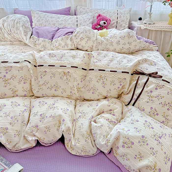 91家纺网 家纺一手货源 找家纺 典曼家纺 2025新款古法花边蝴蝶结四件套 紫郁