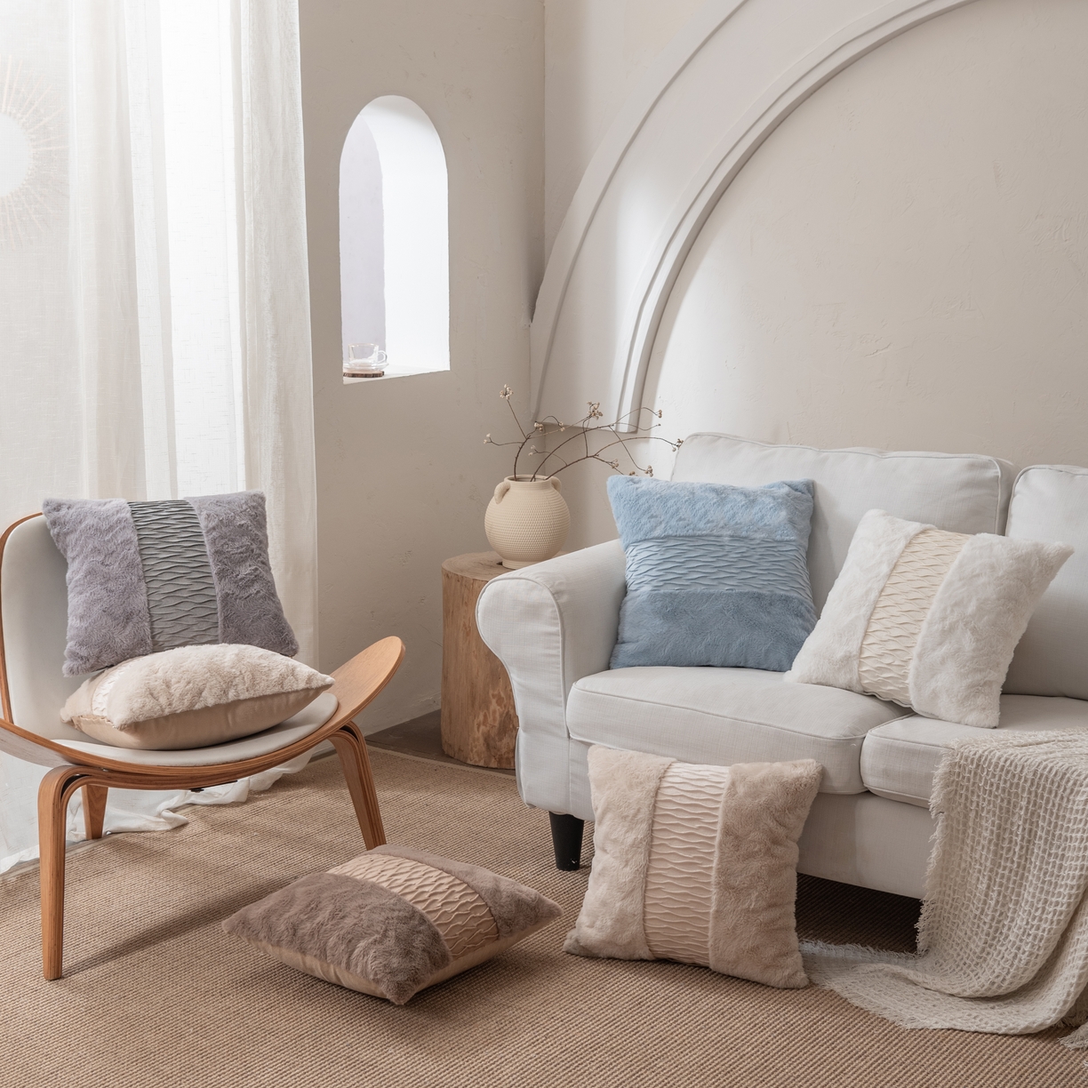 91家纺网 家纺一手货源 找家纺 （总）博笔熊 2025新款兔毛拼接波浪抱枕方枕靠垫靠枕