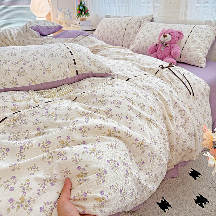 91家纺网 家纺一手货源 找家纺 典曼家纺 2025新款古法花边蝴蝶结四件套 紫郁