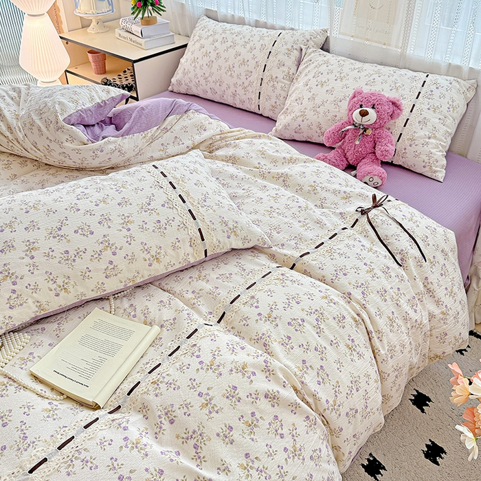 91家纺网 家纺一手货源 找家纺 典曼家纺 2025新款古法花边蝴蝶结四件套 紫郁