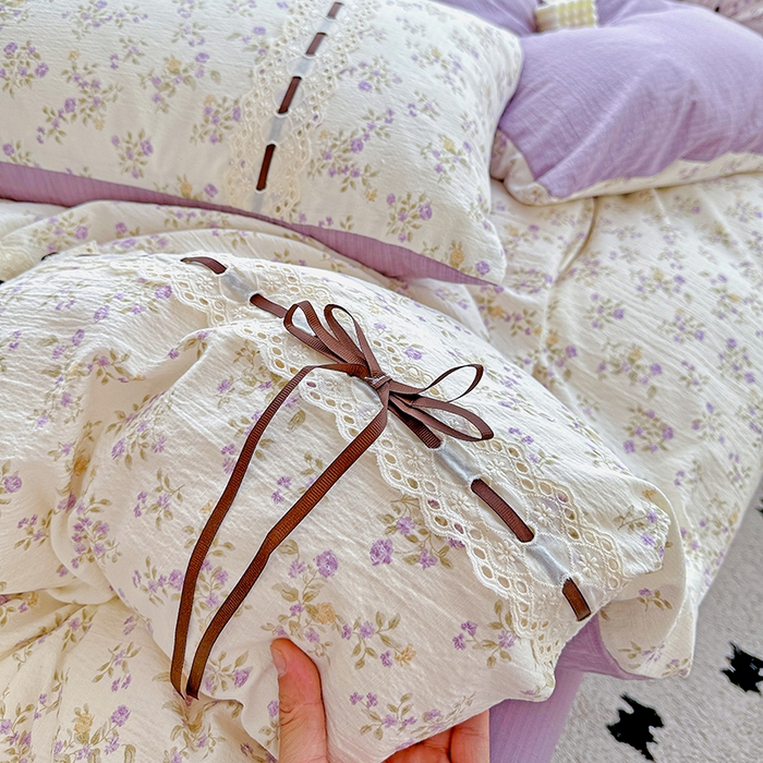 91家纺网 家纺一手货源 找家纺 典曼家纺 2025新款古法花边蝴蝶结四件套 紫郁