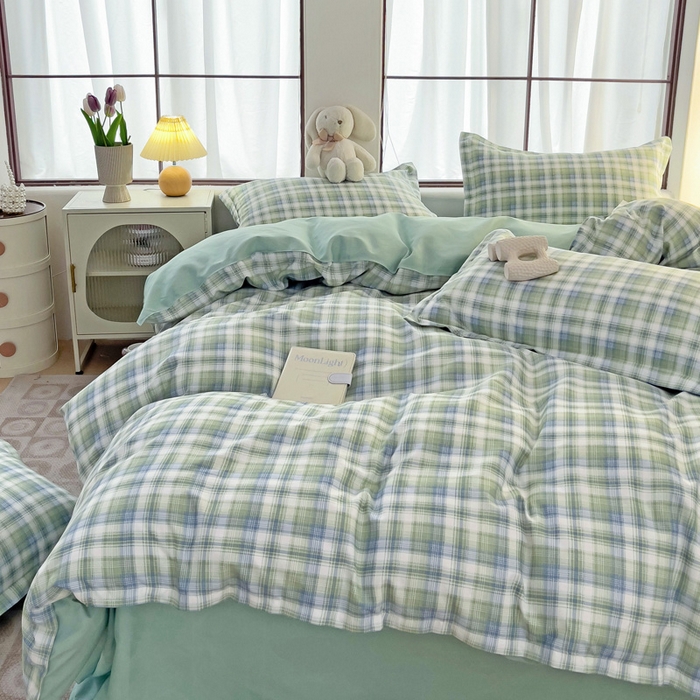 91家纺网 家纺一手货源 找家纺 绒裕家纺 2025学生季直播爆款云感皱皱纱四件套 星空绿