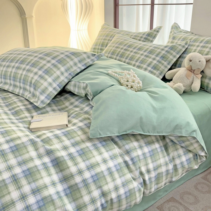 91家纺网 家纺一手货源 找家纺 绒裕家纺 2025学生季直播爆款云感皱皱纱四件套 星空绿