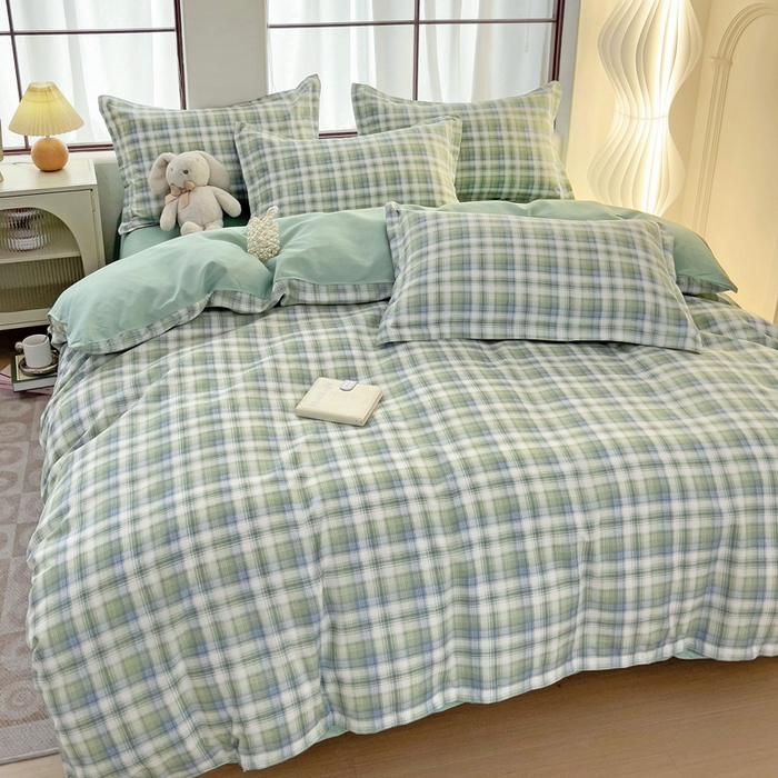 91家纺网 家纺一手货源 找家纺 绒裕家纺 2025学生季直播爆款云感皱皱纱四件套 星空绿