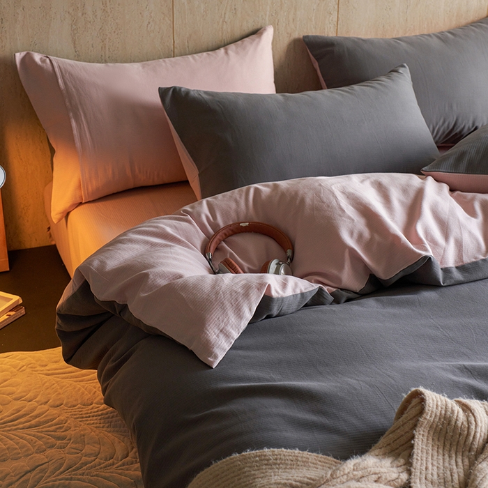 千朵森 2025新款全棉磨毛A类色织提花磨毛四件套-简色 素灰粉影