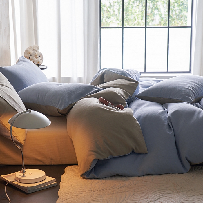 91家纺网 家纺一手货源 找家纺 千朵森 2025新款全棉磨毛A类色织提花磨毛四件套-简色 浅蓝絮梦