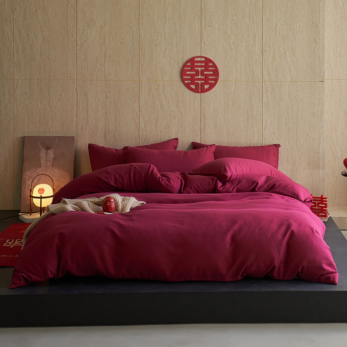 91家纺网 家纺一手货源 找家纺 千朵森 2025新款全棉磨毛A类色织提花磨毛四件套-简色 红笺绮梦