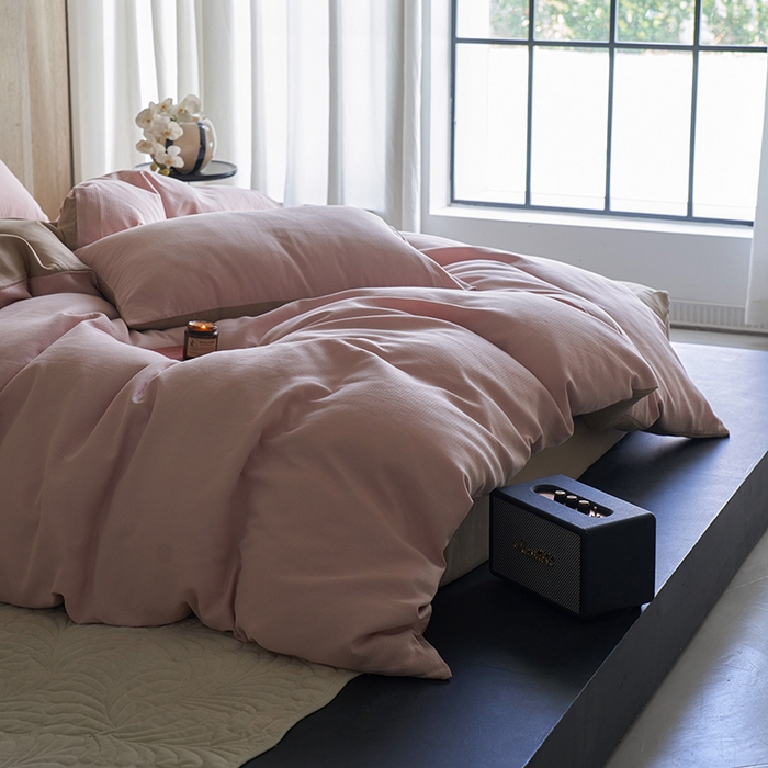 91家纺网 家纺一手货源 找家纺 千朵森 2025新款全棉磨毛A类色织提花磨毛四件套-简色 裸粉香槟