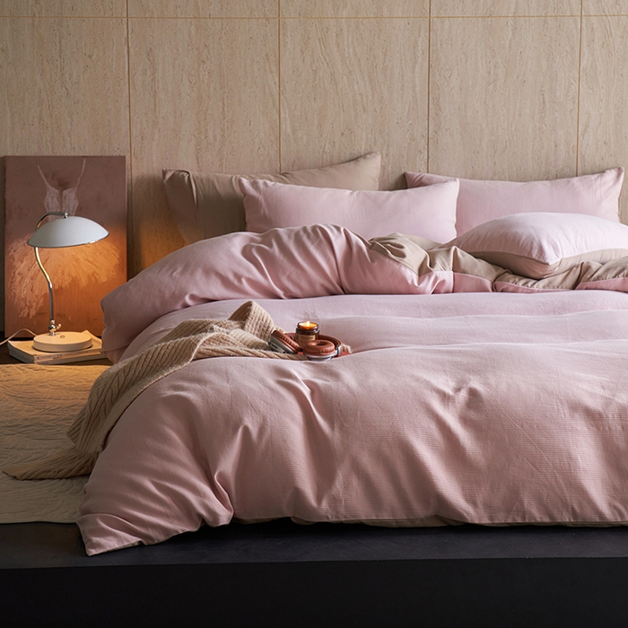 91家纺网 家纺一手货源 找家纺 千朵森 2025新款全棉磨毛A类色织提花磨毛四件套-简色 裸粉香槟