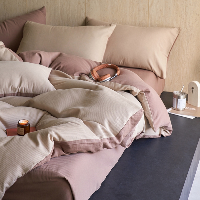 91家纺网 家纺一手货源 找家纺 千朵森 2025新款全棉磨毛A类色织提花磨毛四件套-简色 拿铁日光