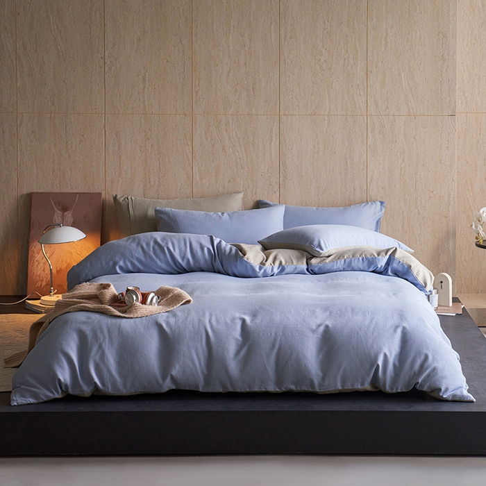 91家纺网 家纺一手货源 找家纺 千朵森 2025新款全棉磨毛A类色织提花磨毛四件套-简色 浅蓝絮梦