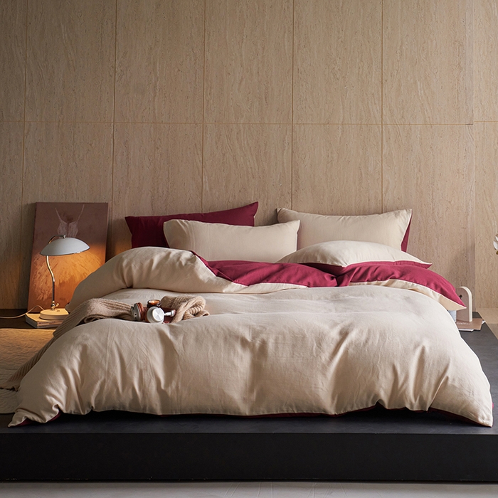 91家纺网 家纺一手货源 找家纺 千朵森 2025新款全棉磨毛A类色织提花磨毛四件套-简色 米韵红绯