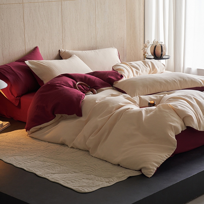 91家纺网 家纺一手货源 找家纺 千朵森 2025新款全棉磨毛A类色织提花磨毛四件套-简色 米韵红绯