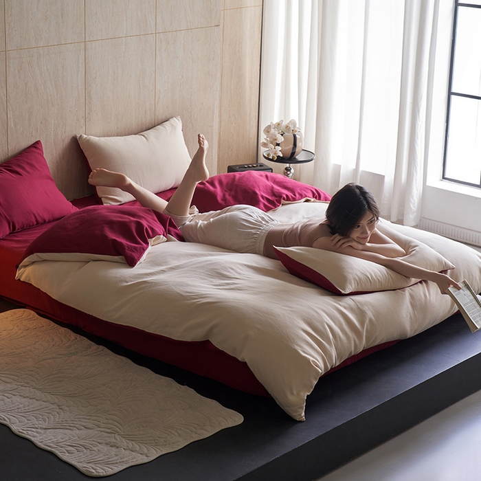 91家纺网 家纺一手货源 找家纺 千朵森 2025新款全棉磨毛A类色织提花磨毛四件套-简色 米韵红绯