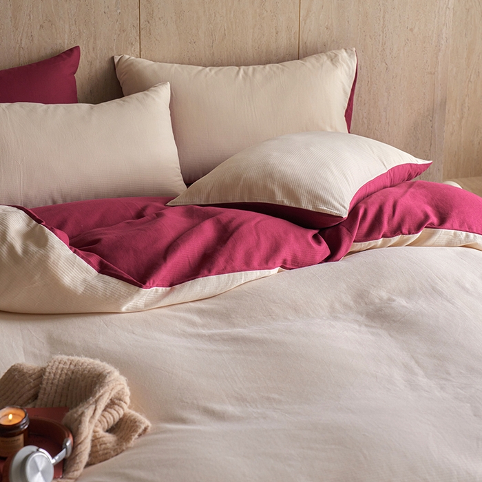 91家纺网 家纺一手货源 找家纺 千朵森 2025新款全棉磨毛A类色织提花磨毛四件套-简色 米韵红绯