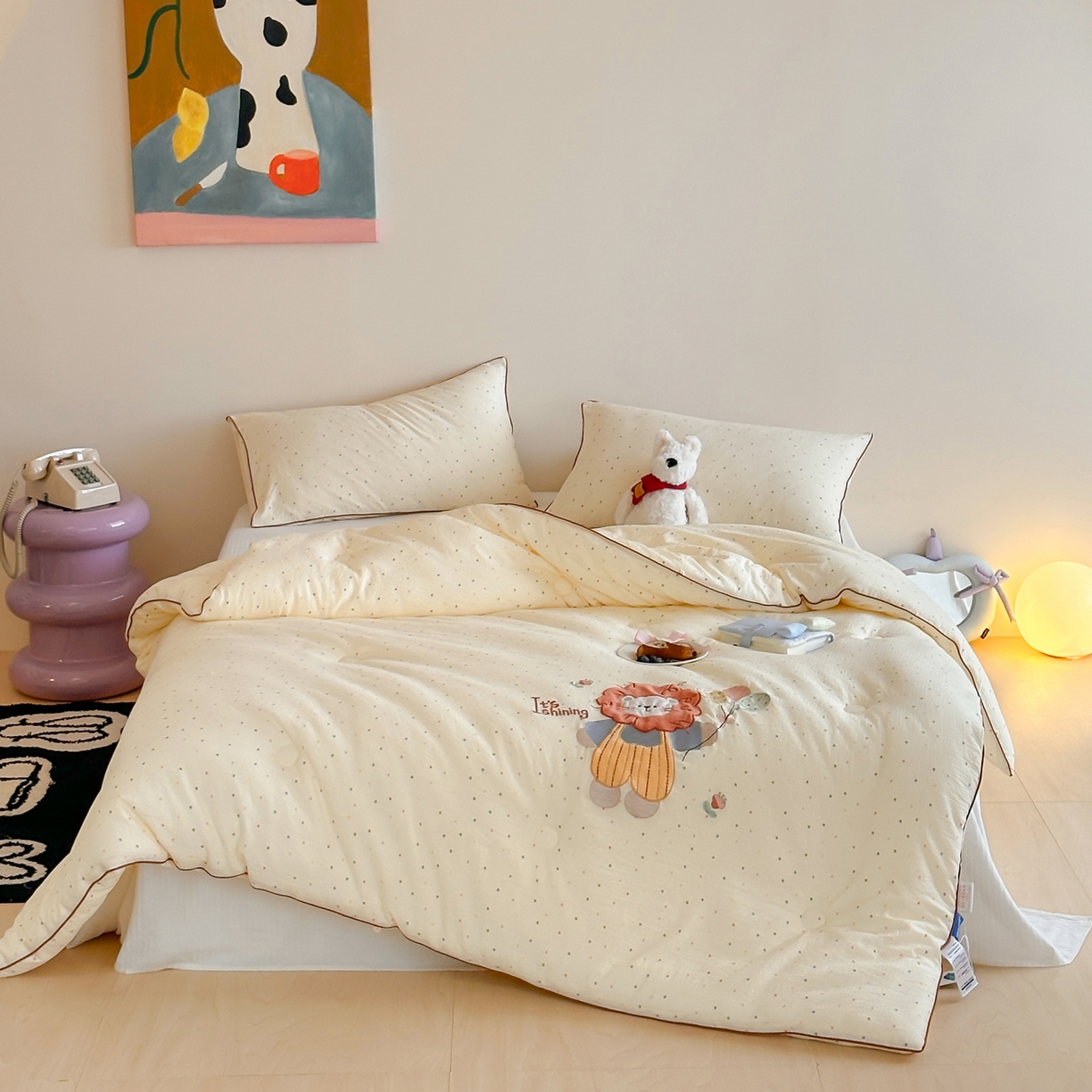 91家纺网 家纺一手货源 找家纺 一加一 2025新款A类双层纱卡通贴布绣大豆被芯 花漾狮