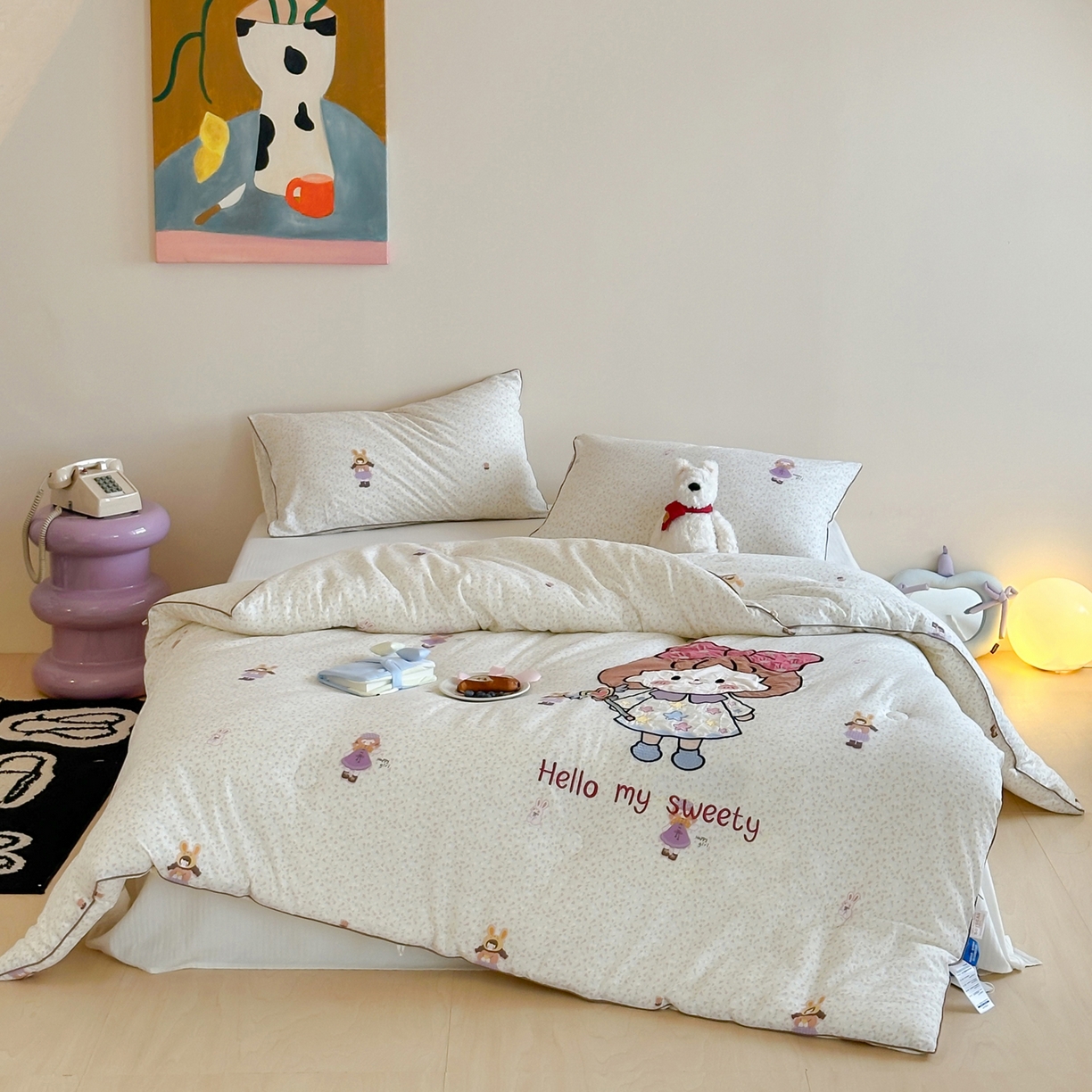 91家纺网 家纺一手货源 找家纺 一加一 2025新款A类双层纱卡通贴布绣大豆被芯 梦女孩