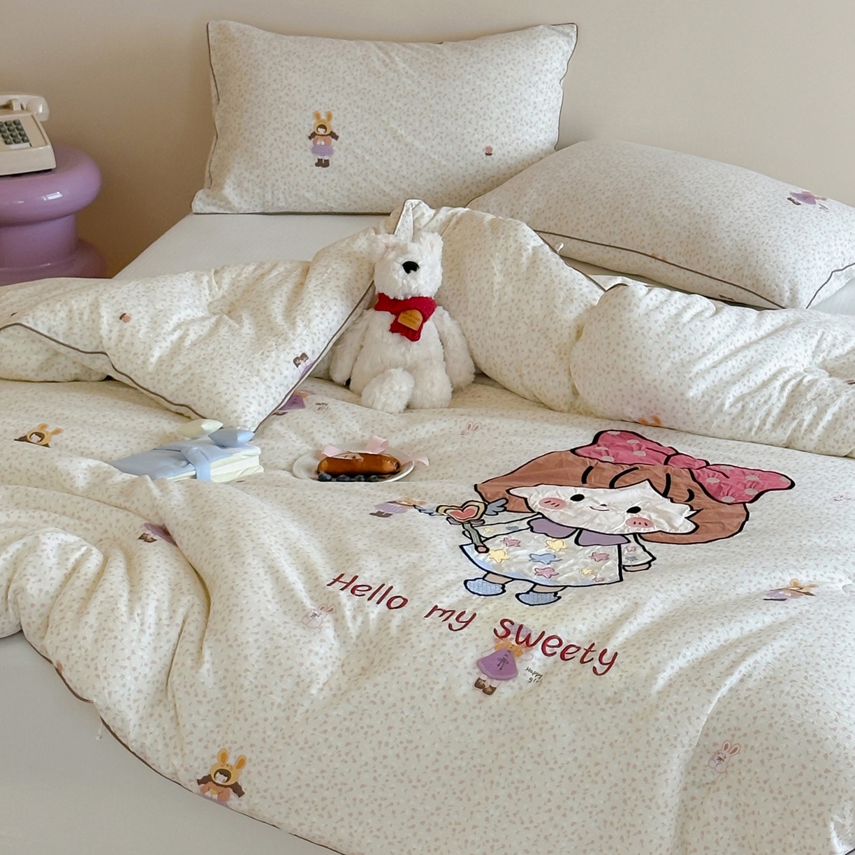 91家纺网 家纺一手货源 找家纺 一加一 2025新款A类双层纱卡通贴布绣大豆被芯 梦女孩