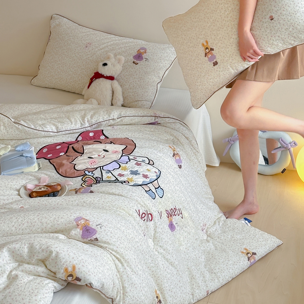 91家纺网 家纺一手货源 找家纺 一加一 2025新款A类双层纱卡通贴布绣大豆被芯 梦女孩