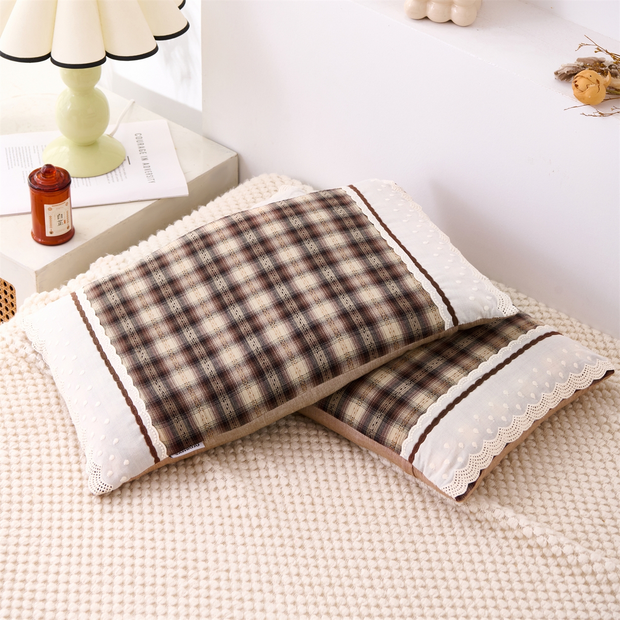 大熊枕芯 2025新款 全棉花边荞麦枕 格子花边-褐
