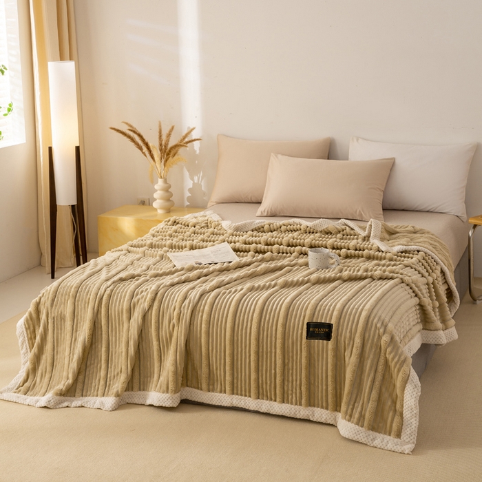 91家纺网 家纺一手货源 找家纺 雅诗帛 2025新款A类兔毛绒子母条毛毯双面云朵绒毛毯宿舍牛奶绒小被毯轻奢时尚加厚保暖盖毯休闲绒毯毯子 摩卡棕