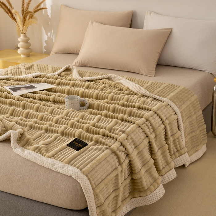 91家纺网 家纺一手货源 找家纺 雅诗帛 2025新款A类兔毛绒子母条毛毯双面云朵绒毛毯宿舍牛奶绒小被毯轻奢时尚加厚保暖盖毯休闲绒毯毯子 摩卡棕