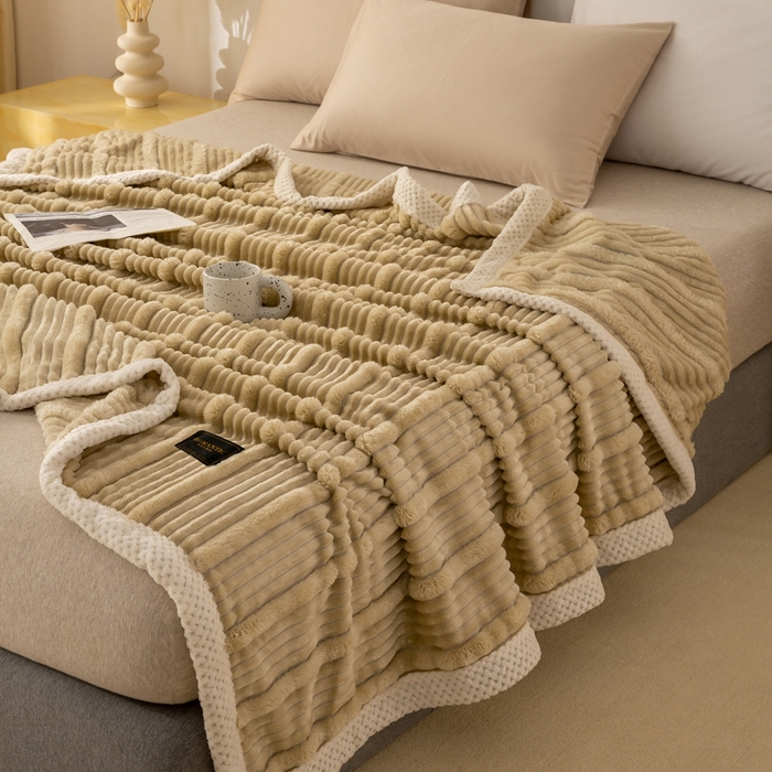 91家纺网 家纺一手货源 找家纺 雅诗帛 2025新款A类兔毛绒子母条毛毯双面云朵绒毛毯宿舍牛奶绒小被毯轻奢时尚加厚保暖盖毯休闲绒毯毯子 摩卡棕