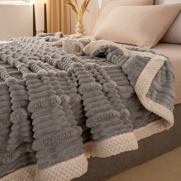 91家纺网 家纺一手货源 找家纺 （总）雅诗帛 2025新款A类兔毛绒子母条毛毯双面云朵绒毛毯宿舍牛奶绒小被毯轻奢时尚加厚保暖盖毯休闲绒毯毯子