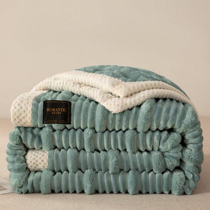 雅诗帛 2025新款A类兔毛绒子母条毛毯双面云朵绒毛毯宿舍牛奶绒小被毯轻奢时尚加厚保暖盖毯休闲绒毯毯子 流光青