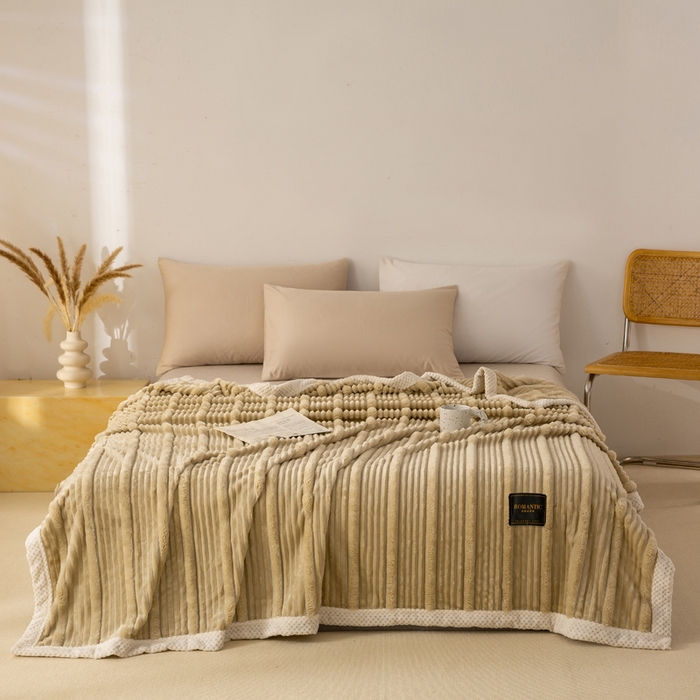 91家纺网 家纺一手货源 找家纺 雅诗帛 2025新款A类兔毛绒子母条毛毯双面云朵绒毛毯宿舍牛奶绒小被毯轻奢时尚加厚保暖盖毯休闲绒毯毯子 摩卡棕