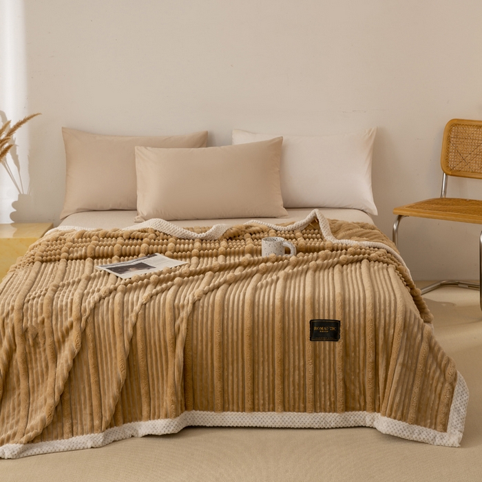 91家纺网 家纺一手货源 找家纺 雅诗帛 2025新款A类兔毛绒子母条毛毯双面云朵绒毛毯宿舍牛奶绒小被毯轻奢时尚加厚保暖盖毯休闲绒毯毯子 暖糖咖