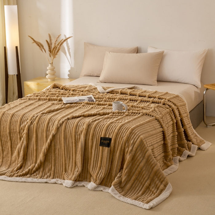 91家纺网 家纺一手货源 找家纺 雅诗帛 2025新款A类兔毛绒子母条毛毯双面云朵绒毛毯宿舍牛奶绒小被毯轻奢时尚加厚保暖盖毯休闲绒毯毯子 暖糖咖