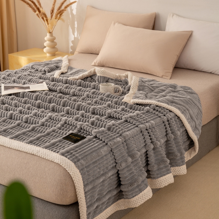 91家纺网 家纺一手货源 找家纺 雅诗帛 2025新款A类兔毛绒子母条毛毯双面云朵绒毛毯宿舍牛奶绒小被毯轻奢时尚加厚保暖盖毯休闲绒毯毯子 高级灰