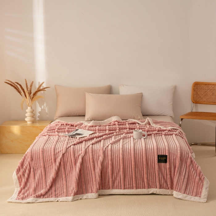 91家纺网 家纺一手货源 找家纺 雅诗帛 2025新款A类兔毛绒子母条毛毯双面云朵绒毛毯宿舍牛奶绒小被毯轻奢时尚加厚保暖盖毯休闲绒毯毯子 豆沙粉