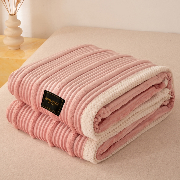 91家纺网 家纺一手货源 找家纺 雅诗帛 2025新款A类兔毛绒子母条毛毯双面云朵绒毛毯宿舍牛奶绒小被毯轻奢时尚加厚保暖盖毯休闲绒毯毯子 豆沙粉