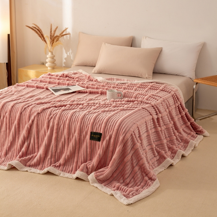 91家纺网 家纺一手货源 找家纺 雅诗帛 2025新款A类兔毛绒子母条毛毯双面云朵绒毛毯宿舍牛奶绒小被毯轻奢时尚加厚保暖盖毯休闲绒毯毯子 豆沙粉