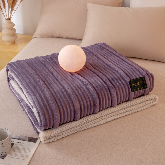 91家纺网 家纺一手货源 找家纺 雅诗帛 2025新款A类兔毛绒子母条毛毯双面云朵绒毛毯宿舍牛奶绒小被毯轻奢时尚加厚保暖盖毯休闲绒毯毯子 雪烟紫