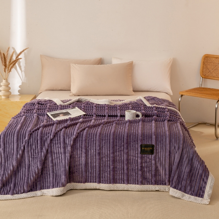 91家纺网 家纺一手货源 找家纺 雅诗帛 2025新款A类兔毛绒子母条毛毯双面云朵绒毛毯宿舍牛奶绒小被毯轻奢时尚加厚保暖盖毯休闲绒毯毯子 雪烟紫