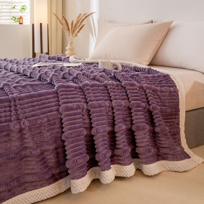 91家纺网 家纺一手货源 找家纺 雅诗帛 2025新款A类兔毛绒子母条毛毯双面云朵绒毛毯宿舍牛奶绒小被毯轻奢时尚加厚保暖盖毯休闲绒毯毯子 雪烟紫