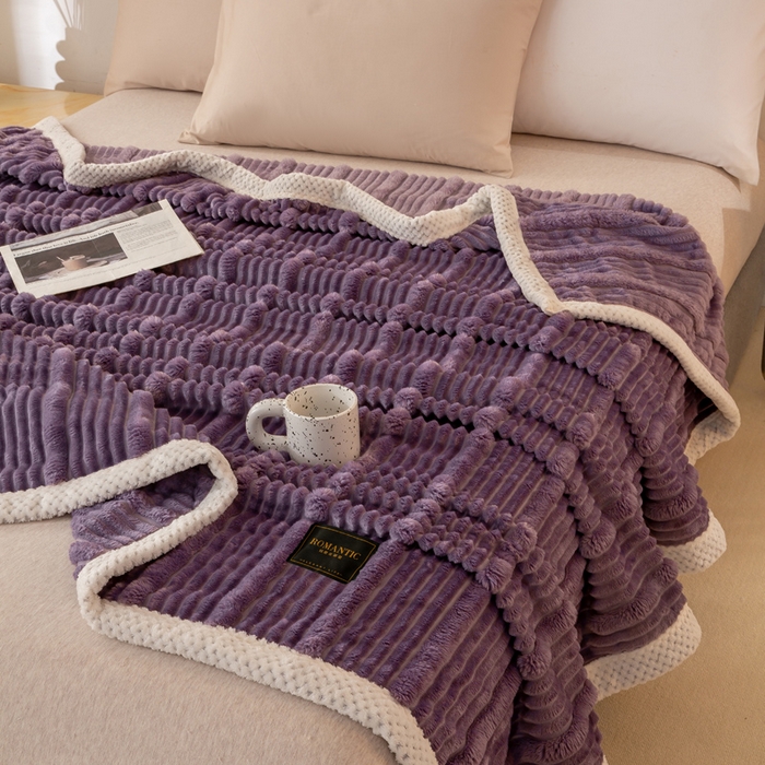 91家纺网 家纺一手货源 找家纺 雅诗帛 2025新款A类兔毛绒子母条毛毯双面云朵绒毛毯宿舍牛奶绒小被毯轻奢时尚加厚保暖盖毯休闲绒毯毯子 雪烟紫