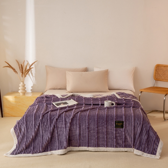 91家纺网 家纺一手货源 找家纺 雅诗帛 2025新款A类兔毛绒子母条毛毯双面云朵绒毛毯宿舍牛奶绒小被毯轻奢时尚加厚保暖盖毯休闲绒毯毯子 雪烟紫