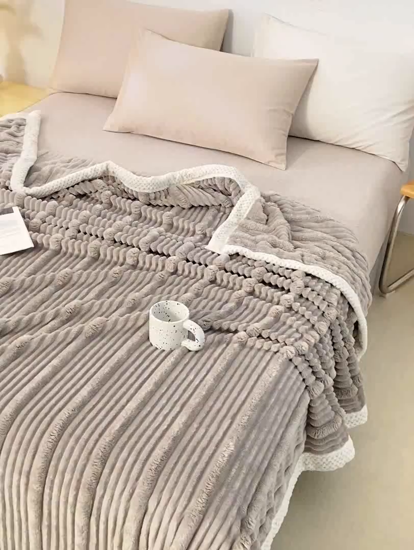 91家纺网 家纺一手货源 找家纺 （总）雅诗帛 2025新款A类兔毛绒子母条毛毯双面云朵绒毛毯宿舍牛奶绒小被毯轻奢时尚加厚保暖盖毯休闲绒毯毯子