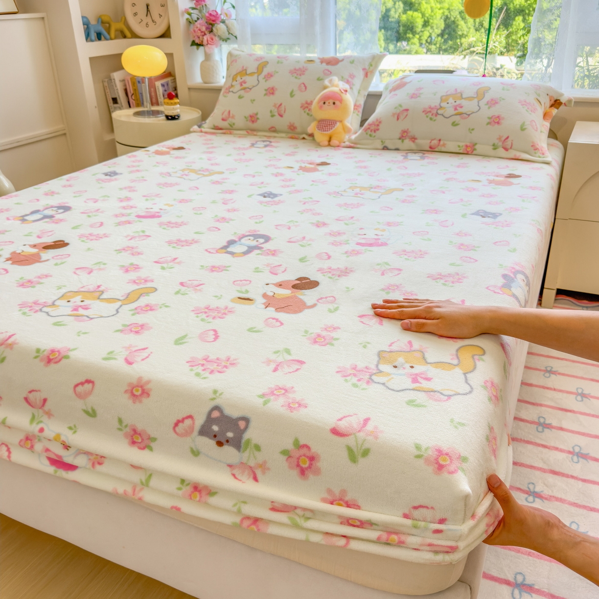 丝羽坊 2025新款印花小清新牛奶绒印花床笠三件套 花的邂逅