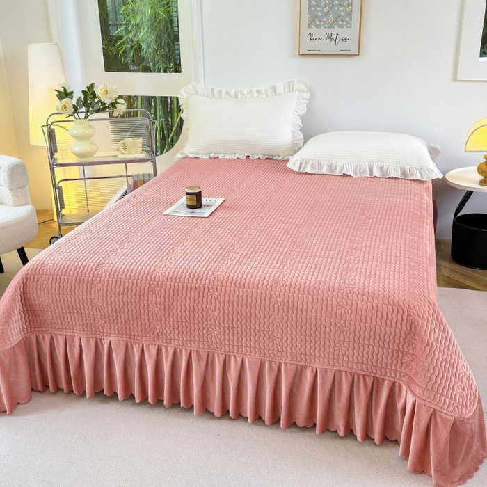 91家纺网 家纺一手货源 找家纺 尚品凤凰 2025新款加厚宝宝绒绗缝夹棉单床裙单品床裙单件床裙-蝴蝶结 藕粉