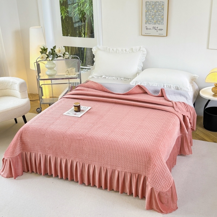 91家纺网 家纺一手货源 找家纺 尚品凤凰 2025新款加厚宝宝绒绗缝夹棉单床裙单品床裙单件床裙-蝴蝶结 藕粉