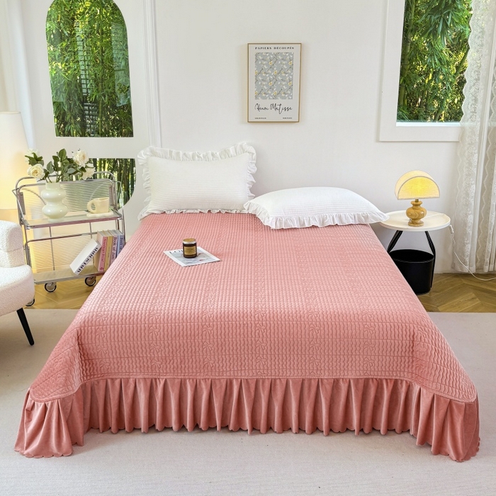 91家纺网 家纺一手货源 找家纺 尚品凤凰 2025新款加厚宝宝绒绗缝夹棉单床裙单品床裙单件床裙-蝴蝶结 藕粉