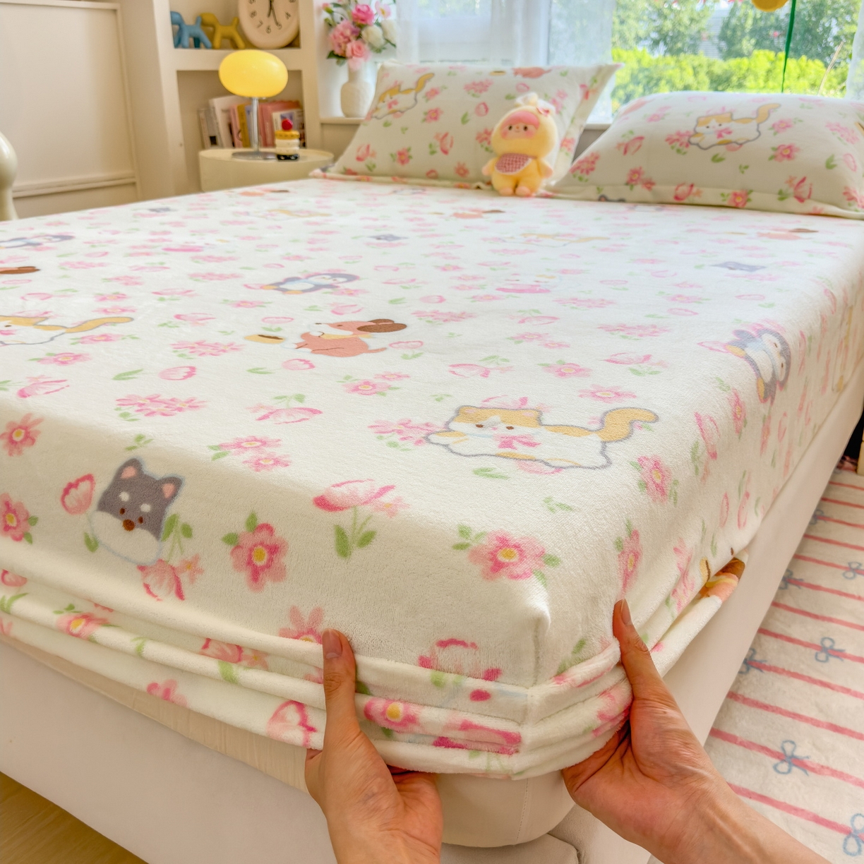 91家纺网 家纺一手货源 找家纺 丝羽坊 2025新款印花小清新牛奶绒印花床笠三件套 花的邂逅